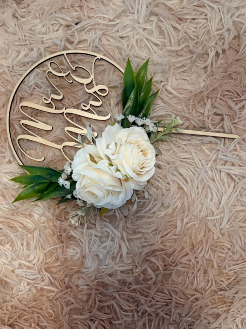 Wooden 'Mrs & Mrs' Floral Cake Topper with Cream Roses